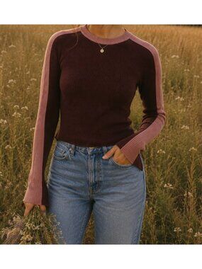 Zara Pink Maroon Block Ribbed Crew Long Sleeve Sweater Jumper Size S